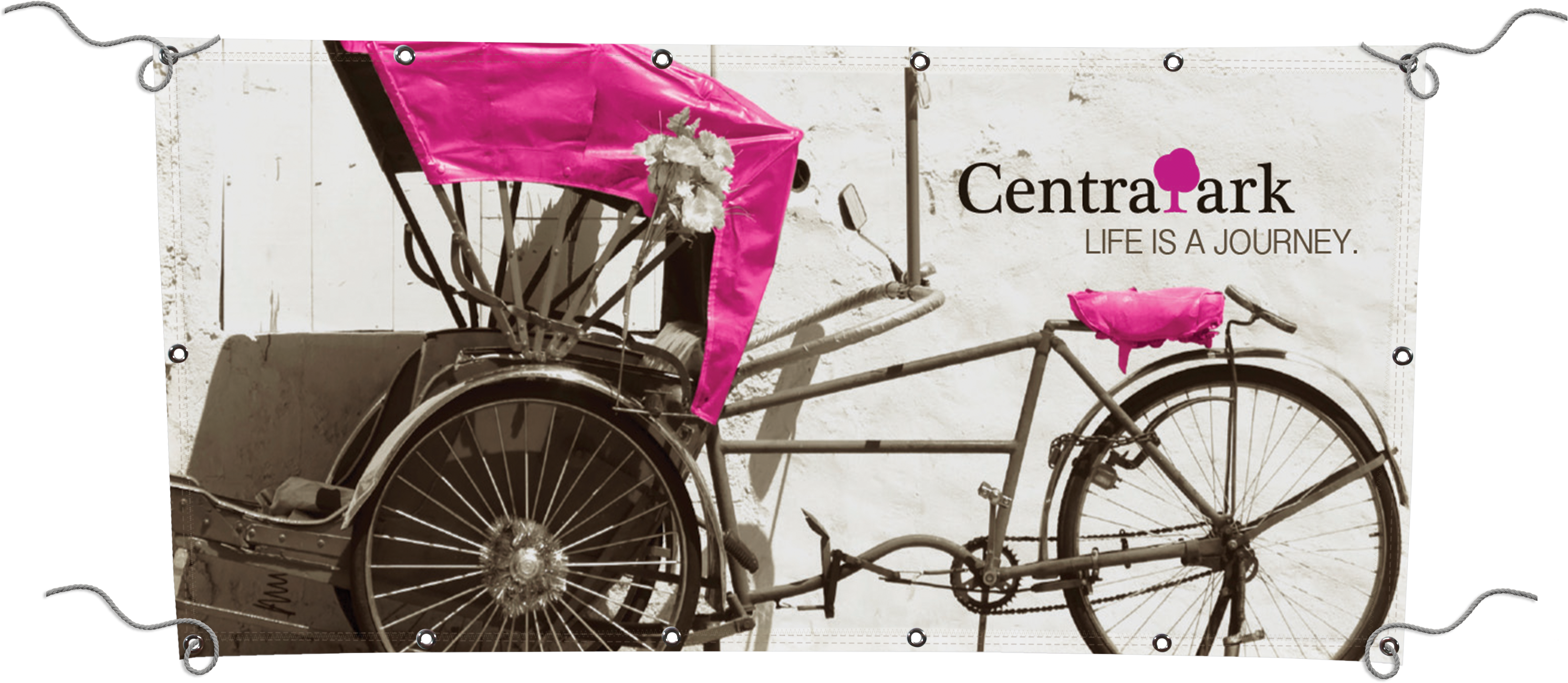 MESH BANNER WITH GROMMETS PICTURE OF PINK AND GRAY CARRIAGE